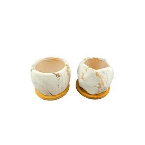 Stoneware Marble Finish White Gold Gray Small Succulent Pots Set of 2